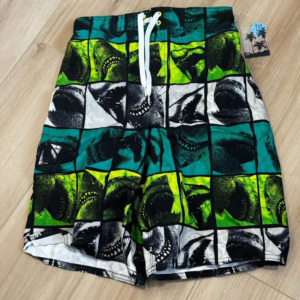 Joe Boxer Kids Swim Trunks - Green and Black Shark Print